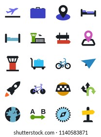 Color and black flat icon set - airport tower vector, taxi, departure, baggage trolley, signpost, bed, building, case, bike, route, navigation, earth, pin, compass, bedroom, rocket, paper plane