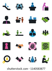 Color and black flat icon set - passport control vector, escalator, female, baby room, reception, handshake, manager place, client, hr, meeting, company, search, estate agent, fingerprint