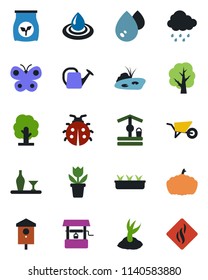 Color and black flat icon set - flower in pot vector, tree, watering can, wheelbarrow, sproute, butterfly, lady bug, seedling, rain, well, pumpkin, bird house, fertilizer, pond, alcohol, water