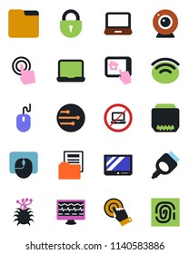Color and black flat icon set - no laptop vector, lock, mouse, monitor pulse, virus, tv, touch screen, pc, hdmi, network, folder, wireless, document, notebook, web camera, home control app