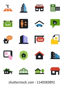 Color and black flat icon set - elevator vector, office building, greenhouse, hospital, store, house, with garage, tree, estate document, sold signboard, insurance, home control app, warm floor
