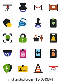 Color and black flat icon set - fence vector, passport control, identity, stamp, border cone, hose, protect, face id, card, lock, home app, pass, surveillance, sprinkler