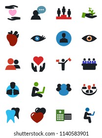 Color and black flat icon set - dispatcher vector, pedestal, meeting, heart hand, real, tooth, eye, hospital, client, speaker, group, user, company, palm sproute, man with notebook