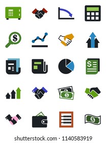 Color and black flat icon set - safe vector, handshake, cash, receipt, news, calculator, pie graph, abacus, point, arrow up, wallet, crisis, money search