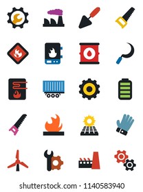 Color and black flat icon set - gear vector, factory, trowel, glove, saw, sickle, truck trailer, flammable, oil barrel, battery, root setup, sun panel, windmill, water heater