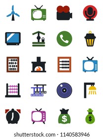 Color and black flat icon set - phone vector, abacus, money bag, well, film frame, vinyl, tv, video camera, microphone, alarm, fireplace, outdoor lamp, windmill