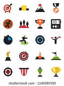 Color and black flat icon set - dispatcher vector, pedestal, pennant, medal, run, stopwatch, target, motivation, award cup