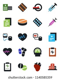 Color and black flat icon set - heart pulse vector, diagnosis, syringe, blood pressure, pills, blister, tomography, real, clipboard, hospital