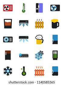 Color and black flat icon set - heater vector, air conditioner, fridge, drink, beer, snowflake, thermometer