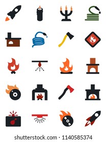 Color and black flat icon set - bomb in case vector, fire, hose, axe, fireplace, flammable, flame disk, candle, sprinkler, rocket
