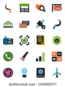 Color and black flat icon set - phone vector, passport, growth statistic, calculator, bulb, saw, sickle, greenhouse, heart diagnostic, satellite, office, cargo container, network, eye id, contract