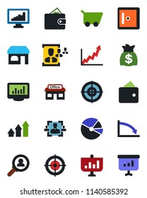 Color and black flat icon set - shop vector, checkroom, money bag, store, monitor statistics, pie graph, hr, target, consumer search, arrow up, wallet, growth, crisis, cart, presentation