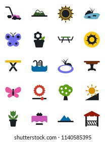 Color and black flat icon set - sun vector, flower in pot, lawn mower, butterfly, pond, picnic table, brightness, pool, fruit tree, mountains, restaurant, alcove