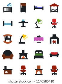 Color and black flat icon set - bed vector, office chair, fireplace, desk lamp, bedroom, children room, cushioned furniture, restaurant table, alcove, fridge