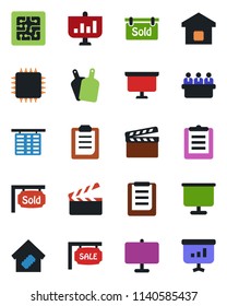 Color and black flat icon set - flight table vector, presentation board, meeting, clipboard, clapboard, sale, sold signboard, smart home, cutting, chip