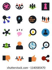 Color and black flat icon set - female vector, team, brainstorm, network, share, finger up, down, user, company, client search, group, social media