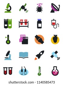 Color and black flat icon set - satellite antenna vector, book, blood test vial, dropper, microscope, ampoule, real heart, joint, virus, sd, thermometer, rocket, flask