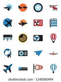 Color and black flat icon set - plane vector, wind, radar, helicopter, seat map, globe, air conditioner, fan, paper, balloon