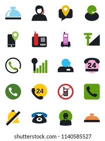 Color and black flat icon set - phone vector, no mobile, reception bell, office, 24 hours, support, tracking, radio, call, mute, cellular signal