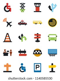 Color and black flat icon set - airport tower vector, plane radar, taxi, bus, parking, passport control, signpost, alarm car, border cone, disabled, route, traffic light, truck trailer, guidepost