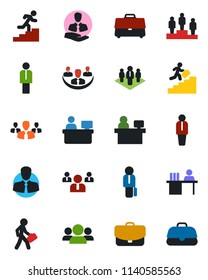 Color and black flat icon set - manager vector, pedestal, team, place, client, case, company, desk, career ladder, group