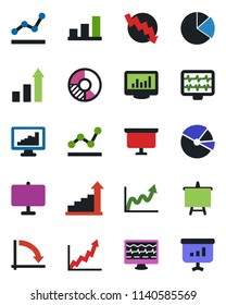 Color and black flat icon set - growth statistic vector, presentation board, crisis graph, circle chart, monitor pulse, statistics, bar, pie, point