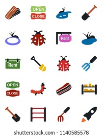 Color and black flat icon set - job vector, garden fork, shovel, lady bug, caterpillar, pond, rack, rent, bacon, open close, rocket