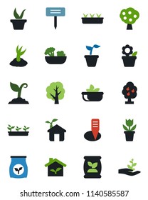 Color and black flat icon set - flower in pot vector, seedling, tree, sproute, plant label, fertilizer, fruit, salad, eco house, palm