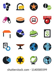 Color and black flat icon set - no laptop vector, ticket office, globe, document reload, pills, diet, earth, pie graph, table, police, alarm led