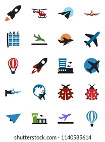 Color and black flat icon set - plane vector, departure, arrival, boarding, helicopter, seat map, globe, airport building, lady bug, rocket, paper, air balloon