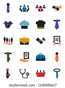 Color and black flat icon set - handshake vector, team, tie, document, stethoscope, meeting, cook hat, case