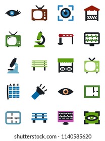 Color and black flat icon set - barrier vector, tv, seat map, bench, monitor pulse, microscope, eye, torch, plan, alcove, scan