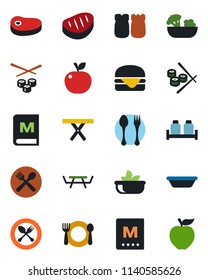 Color and black flat icon set - spoon and fork vector, picnic table, cafe, menu, salad, salt pepper, steak, hamburger, bowl, sushi, apple fruit