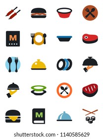 Color and black flat icon set - spoon and fork vector, dish, cafe, menu, plates, waiter, steak, kebab, hamburger, bowl, sushi