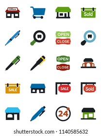 Color and black flat icon set - 24 around vector, shop, pen, store, search cargo, sale, sold signboard, cafe building, open close, cart, storefront