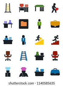 Color and black flat icon set - manager vector, desk, place, ladder, folder, career, cook, office chair, case