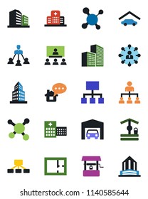 Color and black flat icon set - hierarchy vector, well, molecule, hospital, office building, garage, plan, home message