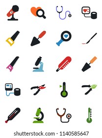 Color and black flat icon set - trowel vector, pruner, saw, stethoscope, blood pressure, thermometer, heart diagnostic, microscope, scalpel, microphone