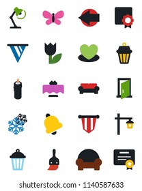 Color and black flat icon set - left arrow vector, pennant, butterfly, garden light, heart, tulip, themes, bell, sertificate, desk lamp, cushioned furniture, restaurant table, candle, snowflake