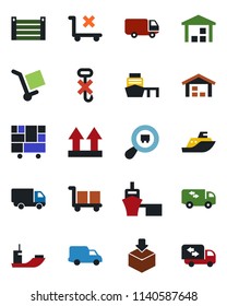 Color and black flat icon set - sea shipping vector, car delivery, port, container, consolidated cargo, up side sign, no trolley, hook, warehouse, package, search, moving