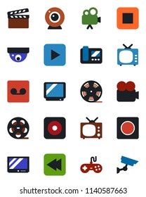 Color and black flat icon set - clapboard vector, reel, tv, gamepad, video camera, play button, stop, rewind, rec, record, web, intercome, surveillance