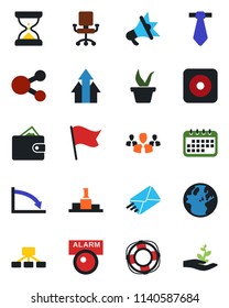Color and black flat icon set - seedling vector, rec button, alarm led, group, arrow up graph, wallet, earth, crisis, office chair, calendar, flag, social media, hierarchy, management, mail, tie