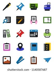 Color and black flat icon set - office binder vector, document search, pen, drawing pin, printer, clipboard, gallery, calendar, notes, copybook, news, checklist, copier, stapler, plan, paper plane