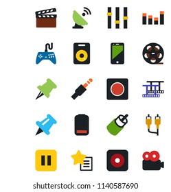Color and black flat icon set - satellite antenna vector, clapboard, film frame, reel, gamepad, settings, equalizer, cell phone, speaker, favorites list, paper pin, low battery, pause button, rec