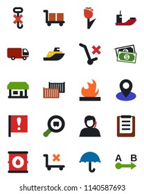 Color and black flat icon set - pin vector, important flag, store, cash, support, sea shipping, cargo container, car delivery, clipboard, umbrella, no trolley, hook, tulip, flammable, oil barrel