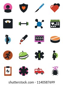 Color and black flat icon set - heart vector, monitor pulse, molecule, dropper, scales, pills, scalpel, ambulance star, car, barbell, run, shield, medical calendar, clipboard, diet, patient, virus
