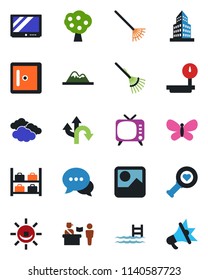 Color and black flat icon set - passport control vector, clouds, luggage storage, checkroom, rake, butterfly, heart diagnostic, route, heavy scales, tv, dialog, gallery, office building, pool