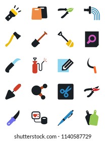 Color and black flat icon set - document search vector, job, pencil, trowel, shovel, watering, pruner, sickle, garden knife, axe, sprayer, blood pressure, share, torch, cut, pen, cutting board