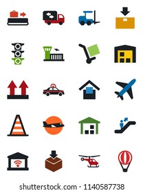 Color and black flat icon set - plane vector, baggage conveyor, escalator, alarm car, fork loader, border cone, helicopter, airport building, traffic light, cargo, warehouse storage, up side sign