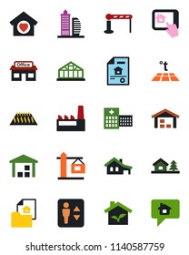 Color and black flat icon set - barrier vector, elevator, greenhouse, hospital, store, warehouse, house with garage, tree, estate document, office building, sweet home, crane, factory, eco, message